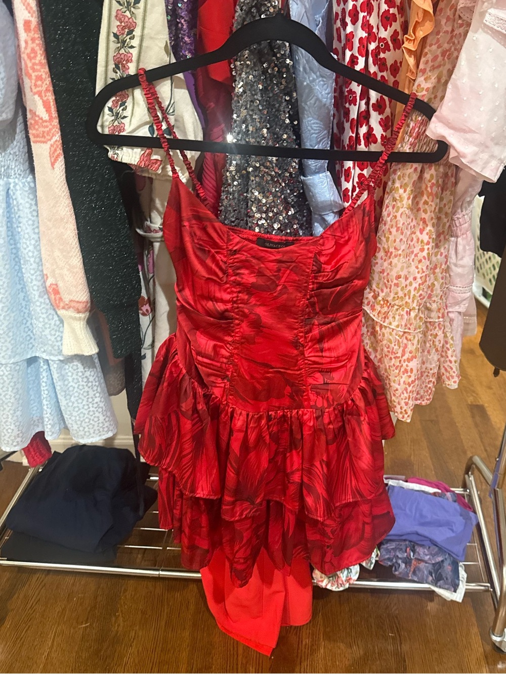 Olivaceous Red Ruffled Satin Party Dress for Girls